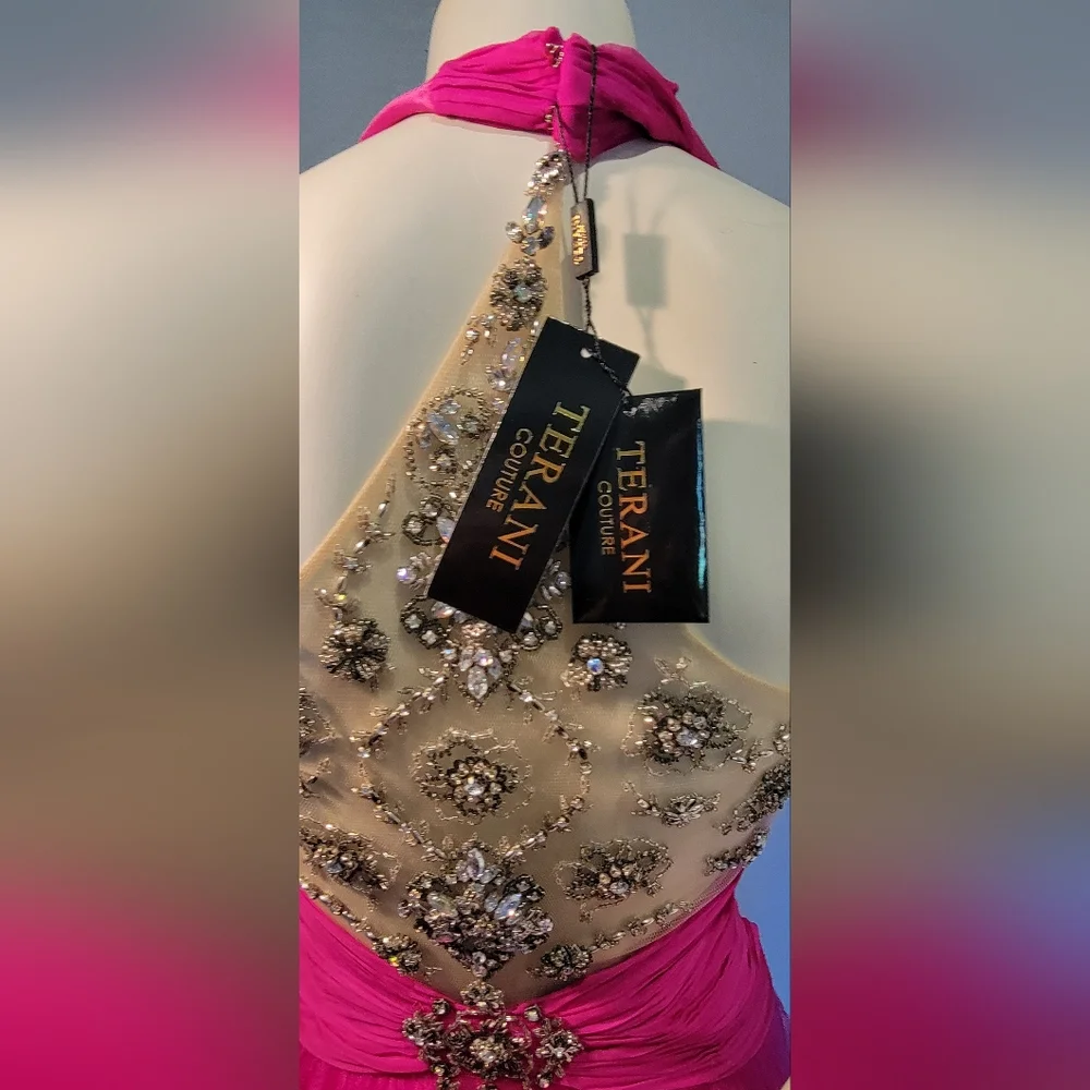 Terani Couture Fushia Halter Gown Dress S10 With Nude Push Up And Garment Bag - Picture 9 of 16